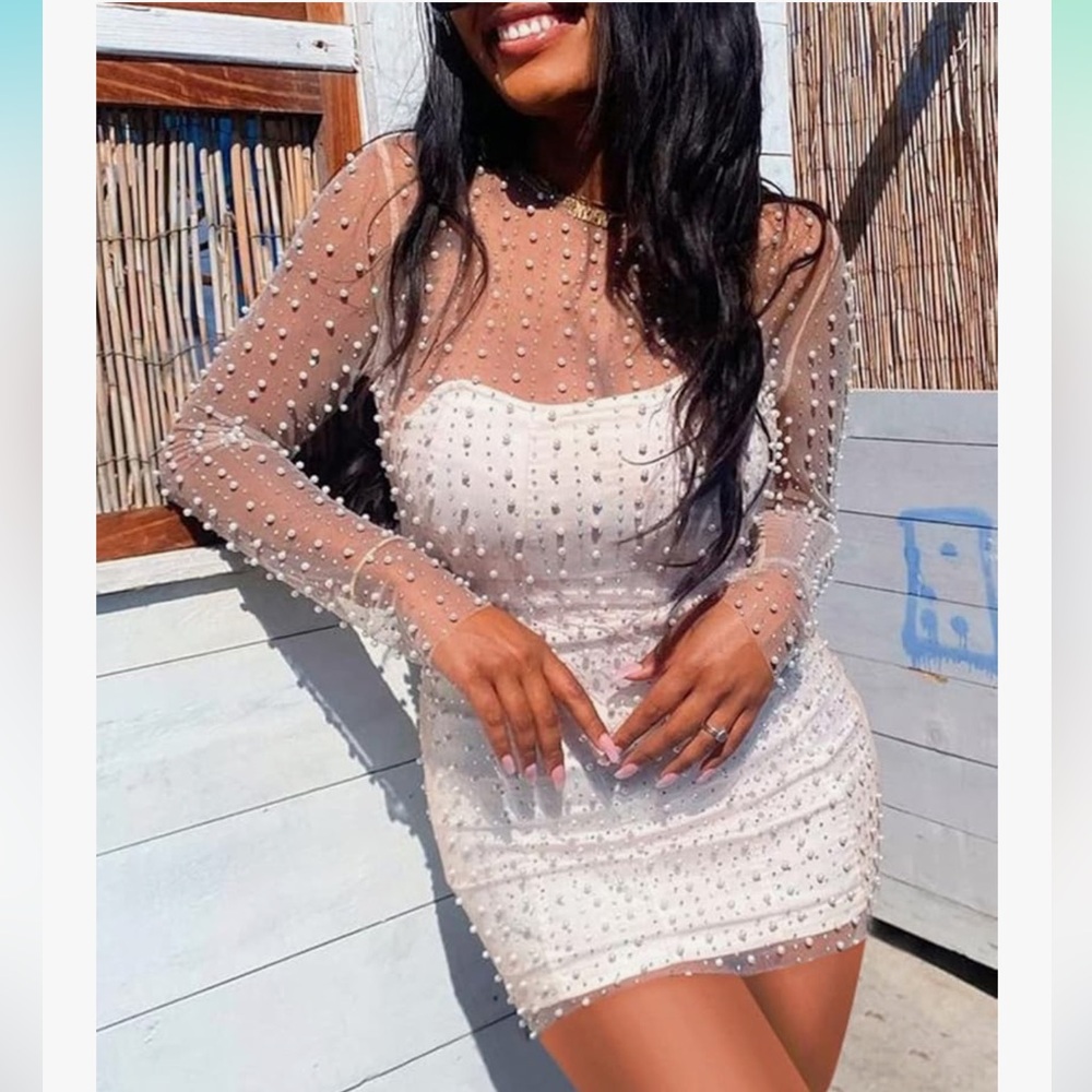 Sheer Bodycon Pearl Rhinestone Cami Mini Dress, Cover Up, Long Sleeve